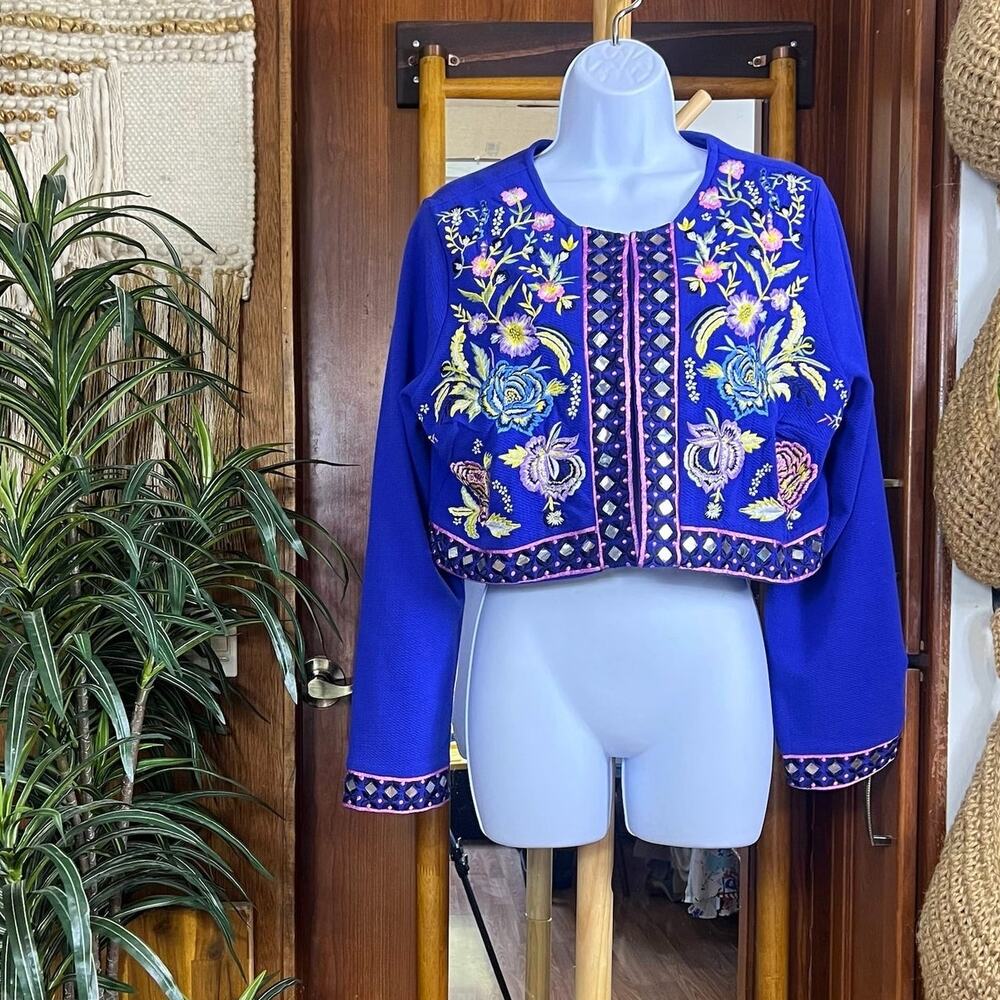 Mirrorwork Embroidered Cropped Jacket Womens M Purple Floral Boho Festival India